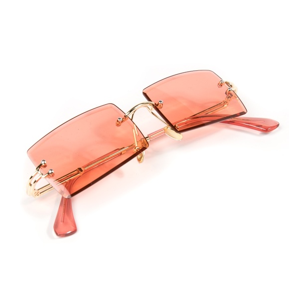 Red Tint Mens Rimless Square Sunglasses - Picture 3 of 5